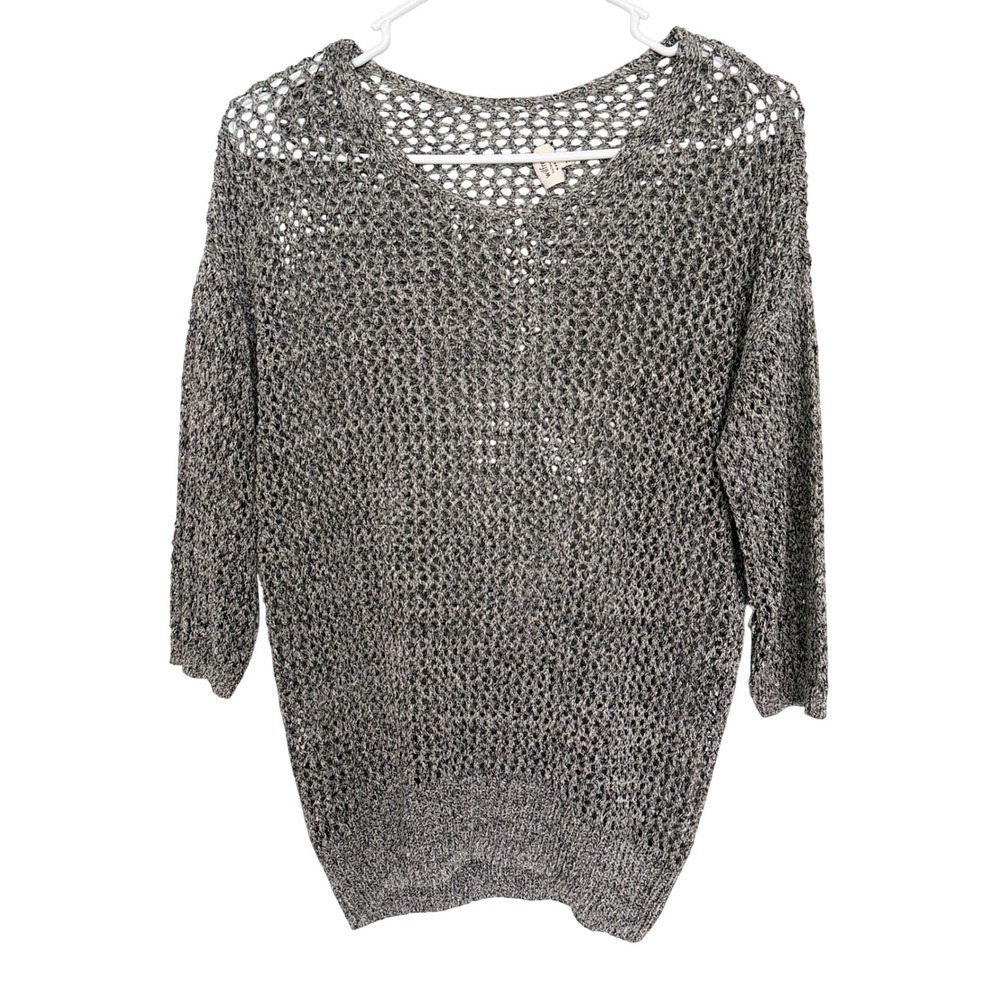 Wilfred Aritzia Gray Linen Blend Open Knit Mesh Sweater Medium 3/4 Sleeve Scoop